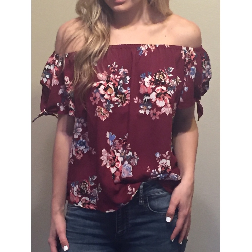 Burgundy Floral Off-the-Shoulder Top